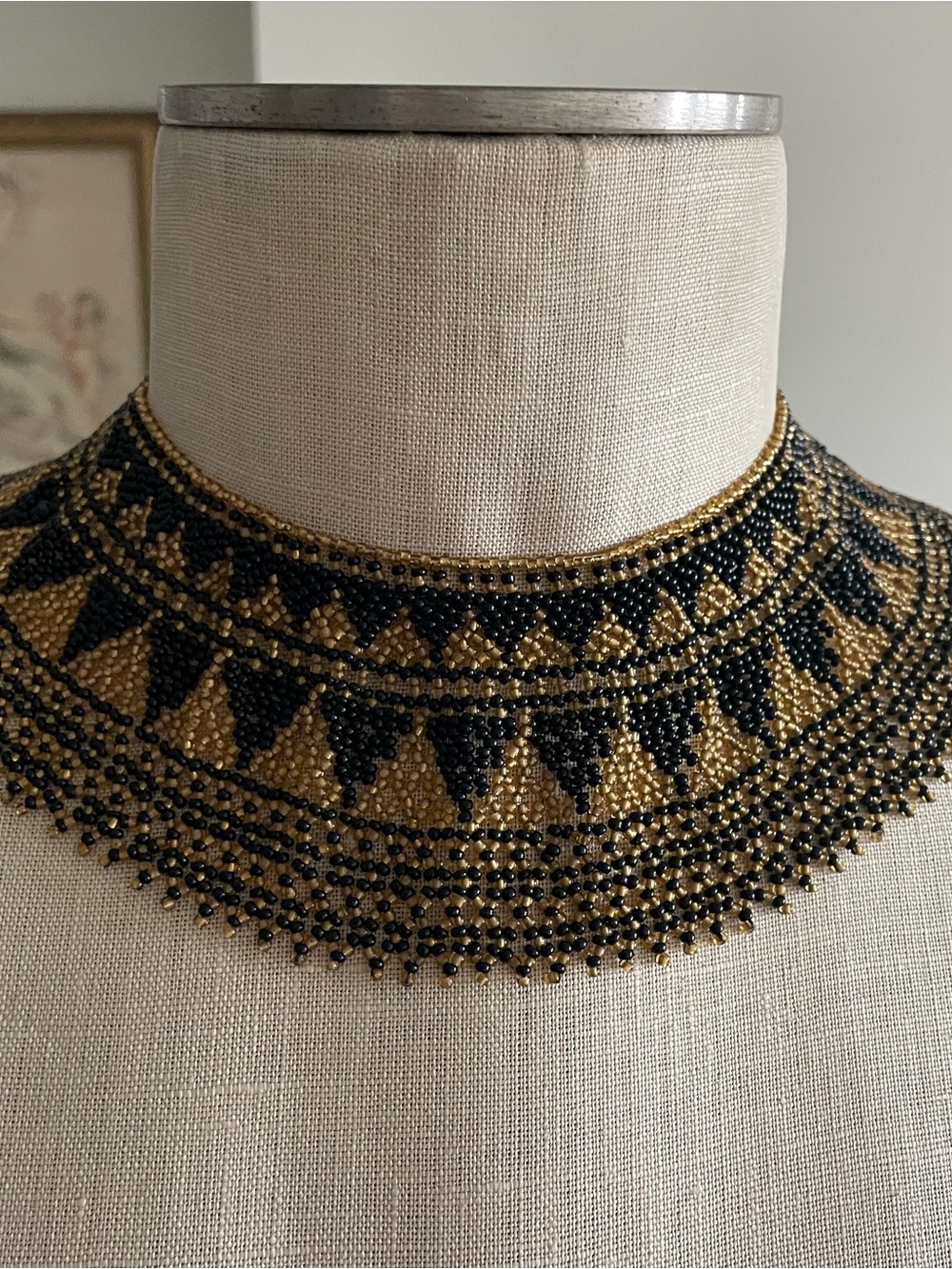 Gold and Black Beaded Collar Necklace - Statement Women's Choker